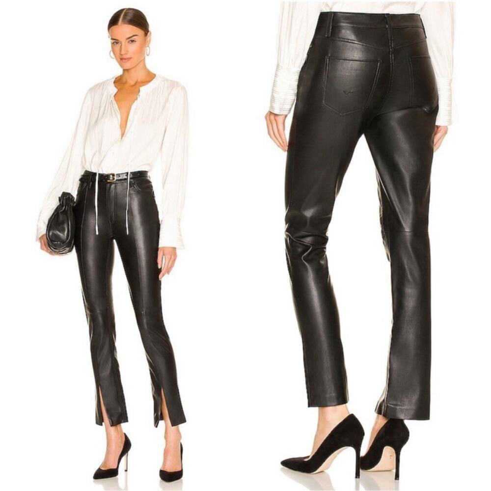 Hudson Barbara Bootcut Pants High-Rise Faux Leather Front Slit Hem Black